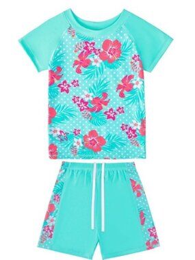 Kids Girls Two Piece Short Sleeve Swimwear Blue Swim‎ Set 10Y